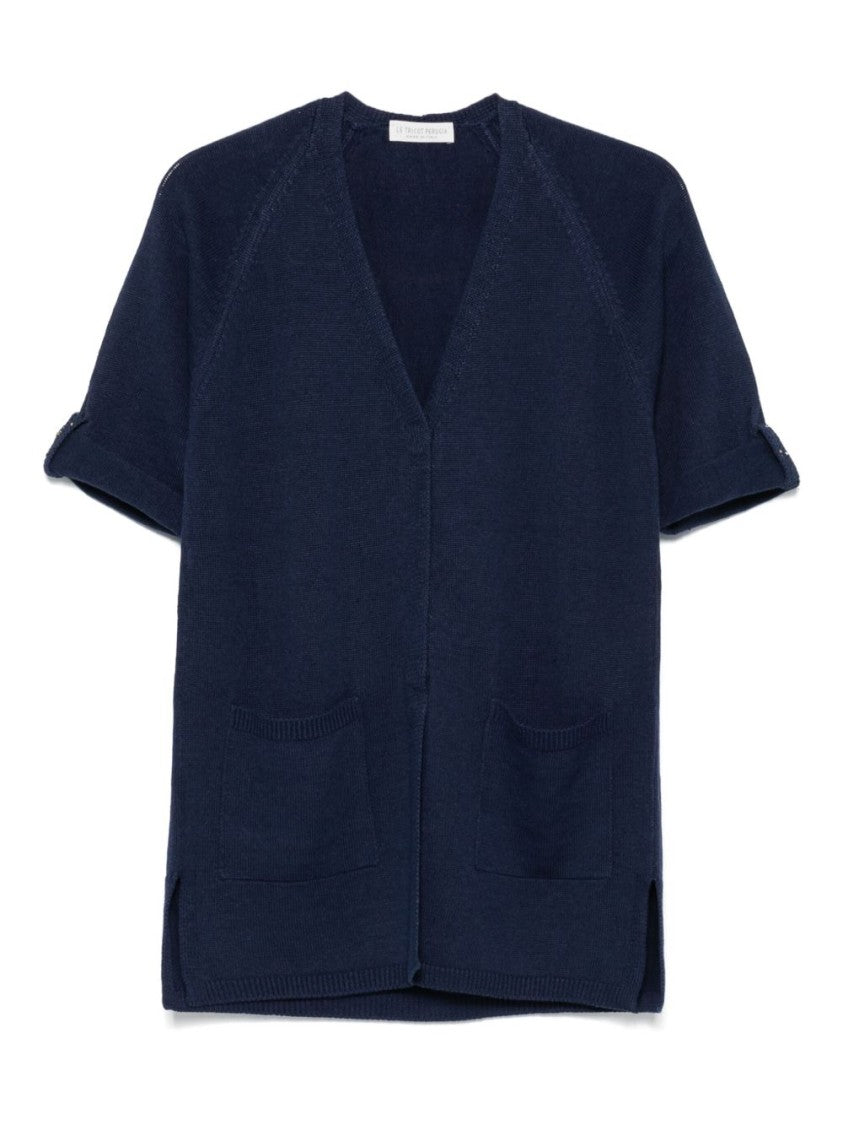 Le Tricot Perugia Short-Sleeved Blue Cardigan With Hidden Closure