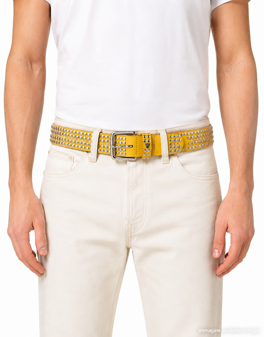 Htc Studded Yellow Leather Belt With Brass Buckle And Logo Rivet