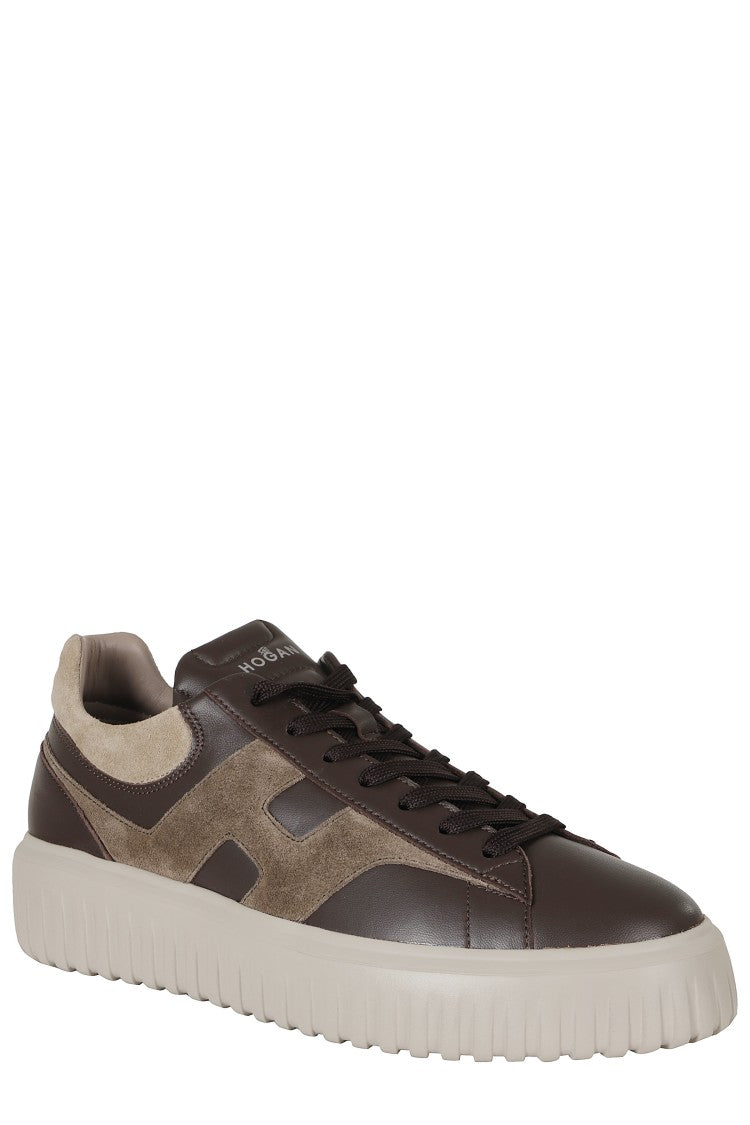 Hogan Brown H Stripes Smooth Leather Suede Rubber Sole Sneakers