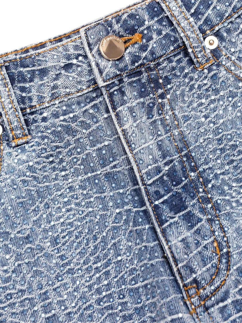 Self-Portrait Rhinestone-Embellished Croc-Effect Denim Shorts