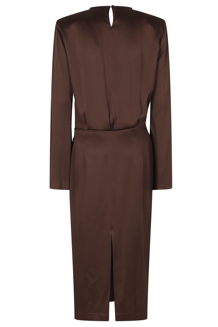 Federica Tosi Midi Brown Slit Long Sleeve Satin Midi Dress