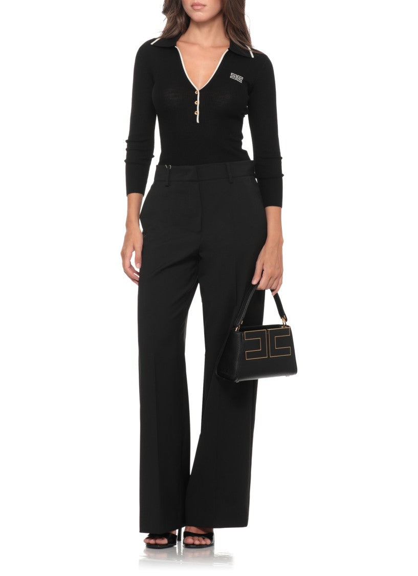 Elisabetta Franchi Ribbed Wool Sweater With Profile Collar And Gold Accents