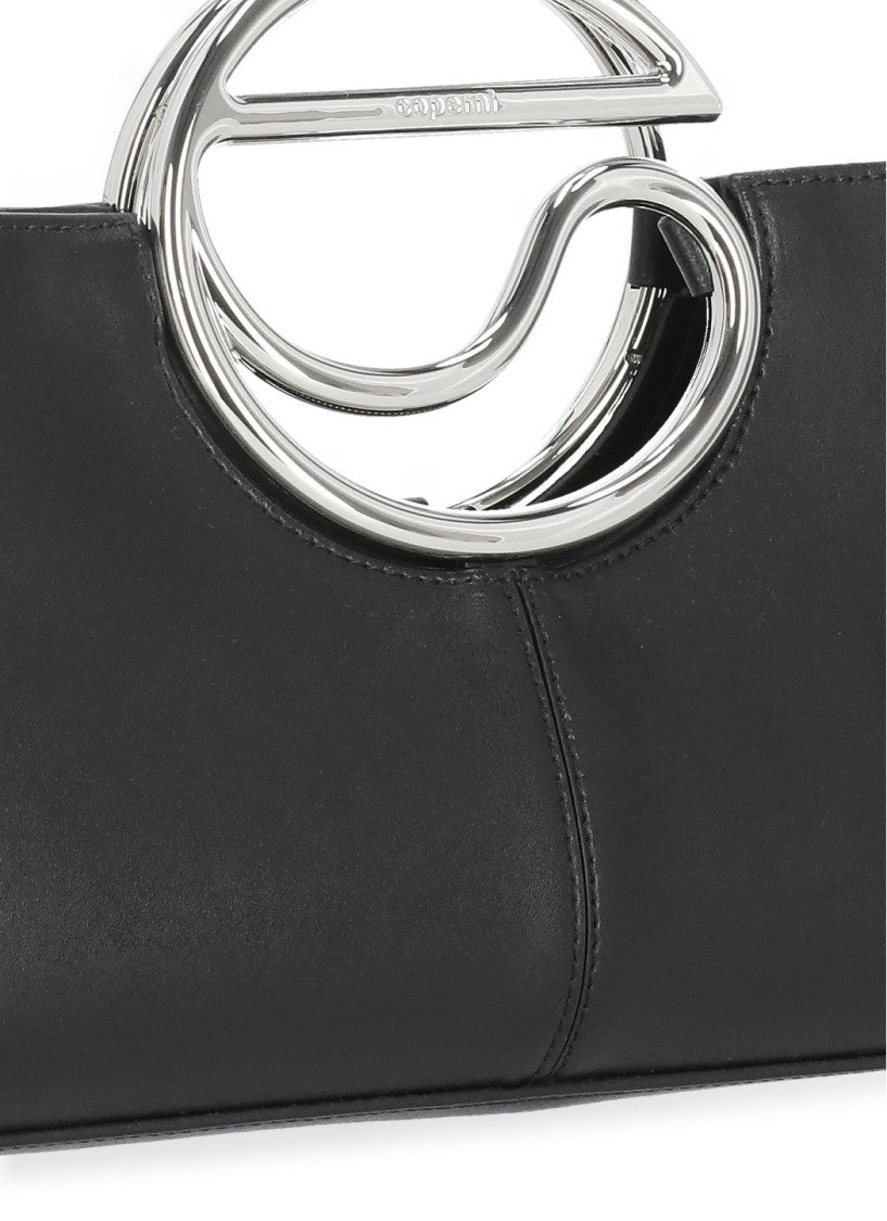 Coperni Rectangular Black Leather Clutch With Metal Logo Handle