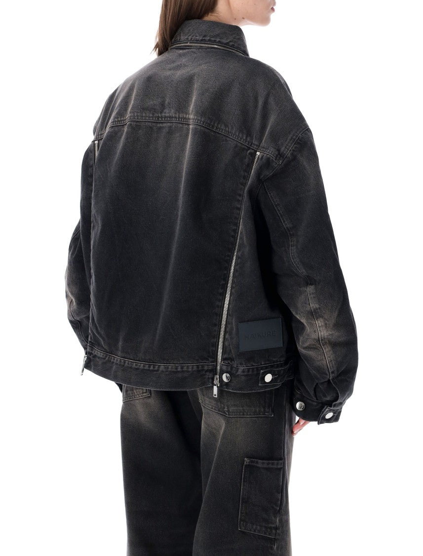 Haikure Oversized Black Denim Jacket With Adjustable Zippered Hem