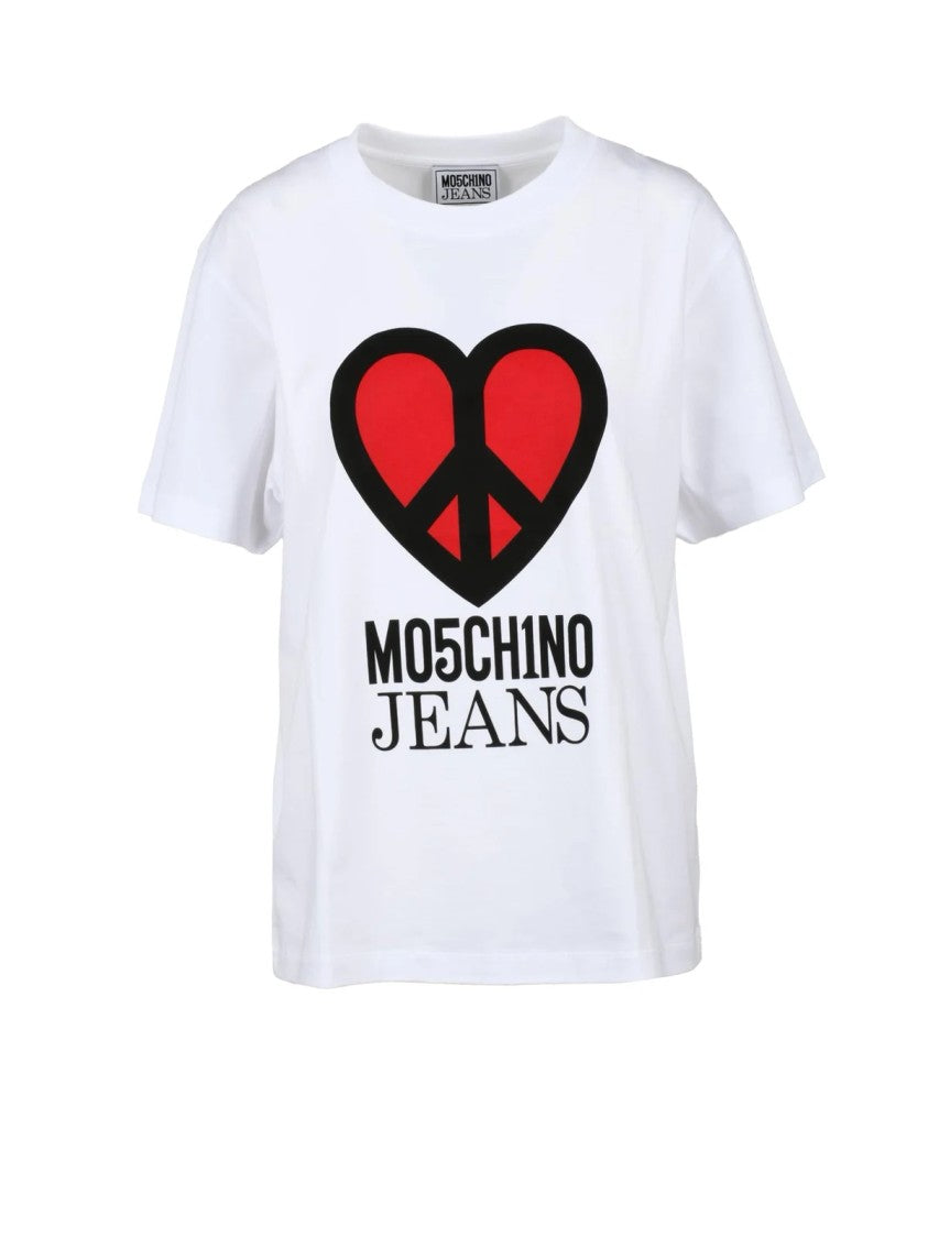 Mo5ch1no Jeans White Graphic Heart Printed Cotton T-Shirt