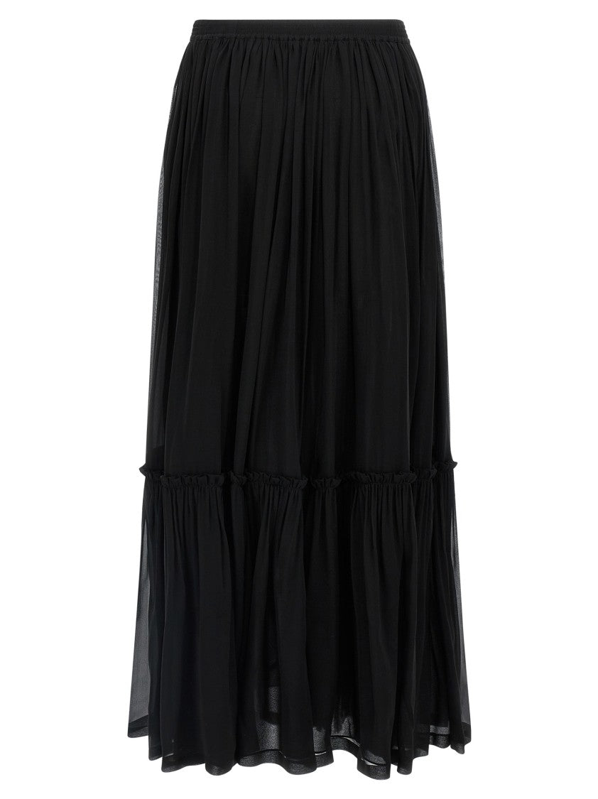 Saint Laurent Pleated Black Silk Maxi Skirt With Elastic Waistband