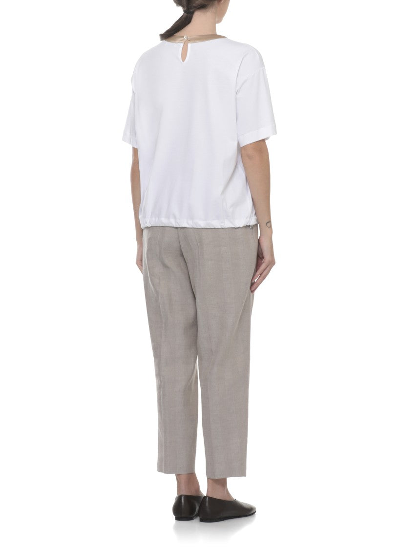 Peserico White Cotton-Blend Silk-Trim T-Shirt