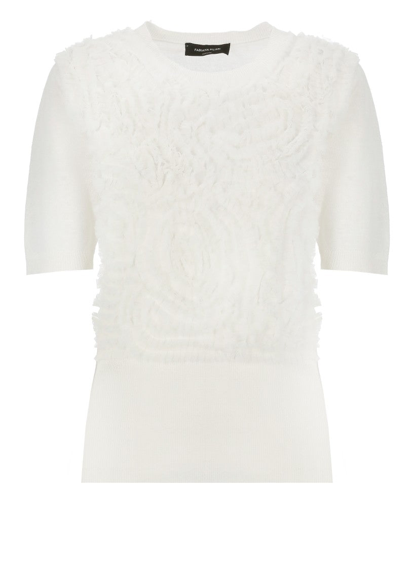 Fabiana Filippi White Sweater With Tulle Details