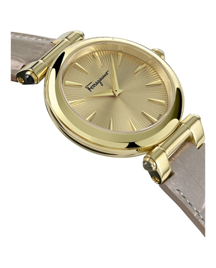 Ferragamo Idillio Leather Watch With Gold Guilloche Dial