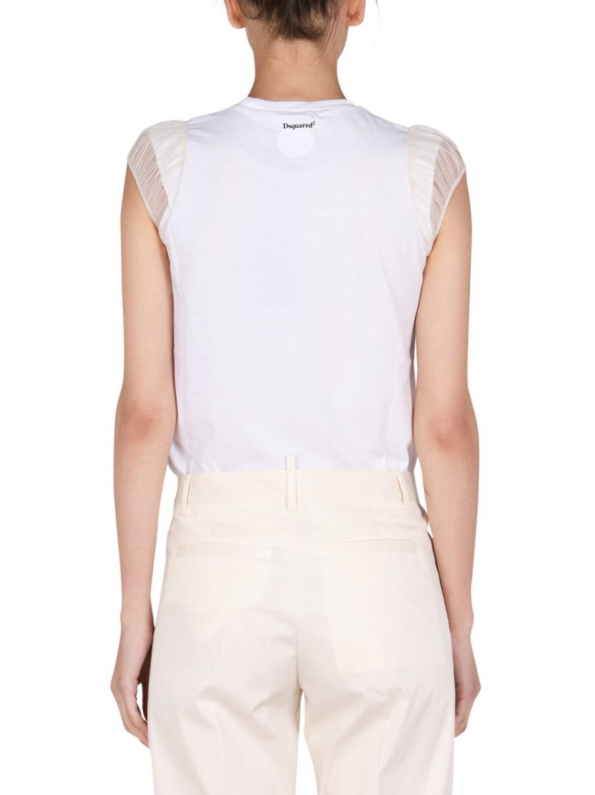Dsquared2 White T-Shirt With Sheer Mesh Sleeves