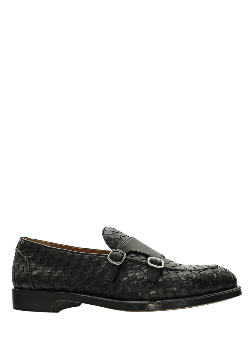Doucal's Woven Black Calf Leather Loafers With Dual Buckle Accents