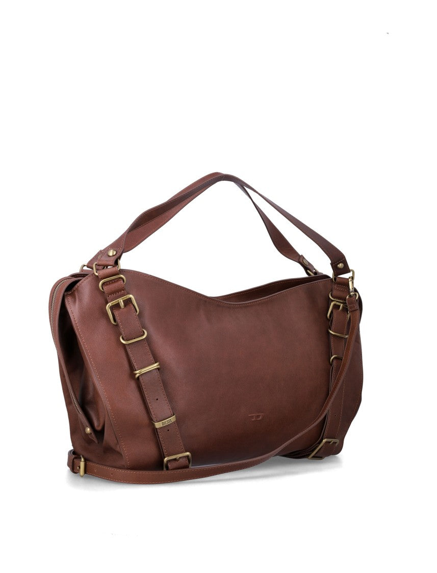 Diesel Structured Brown Leather Tote With Top Handle And Adjustable Straps