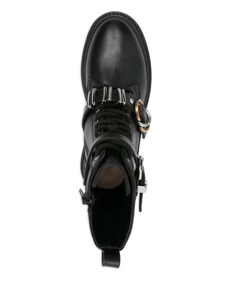 Pinko Black Mia 19 Lace-Up Buckle Straps Calf Leather Ankle Boots