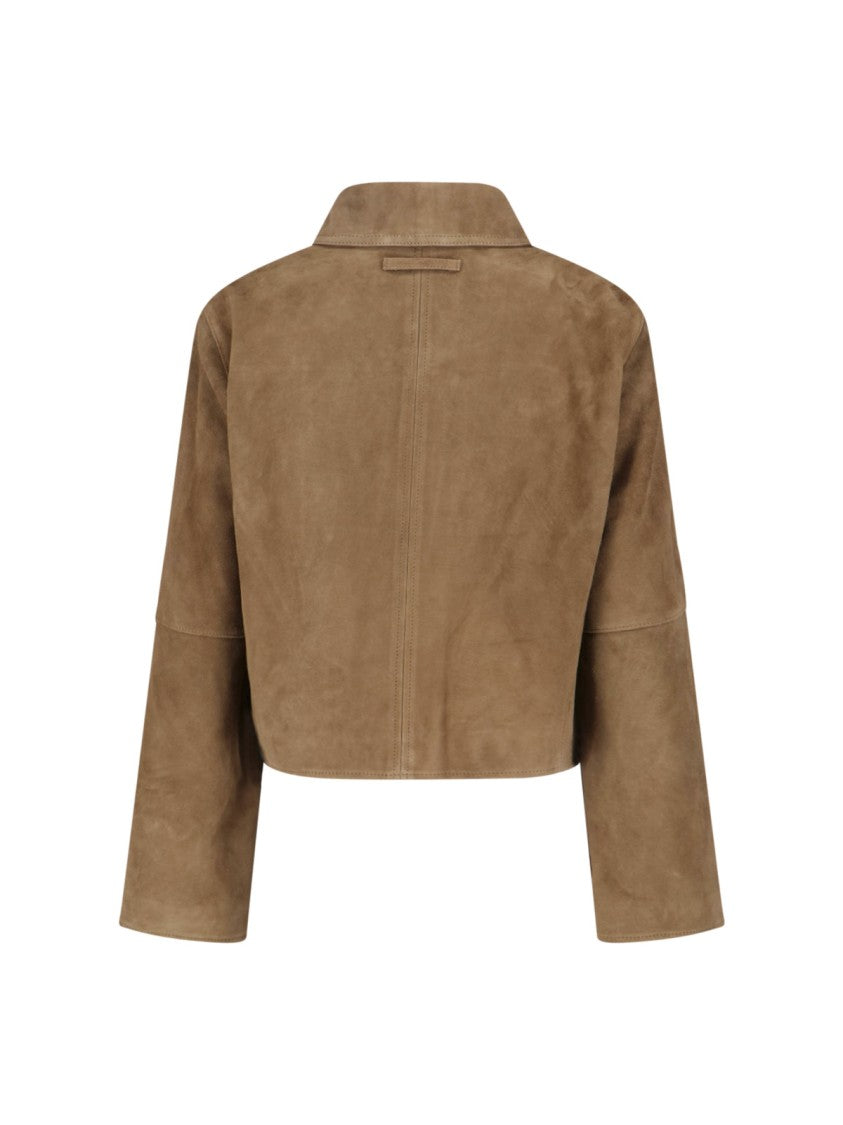 Low Classic Cropped Brown Goat Leather Suede Jacket With Classic Collar