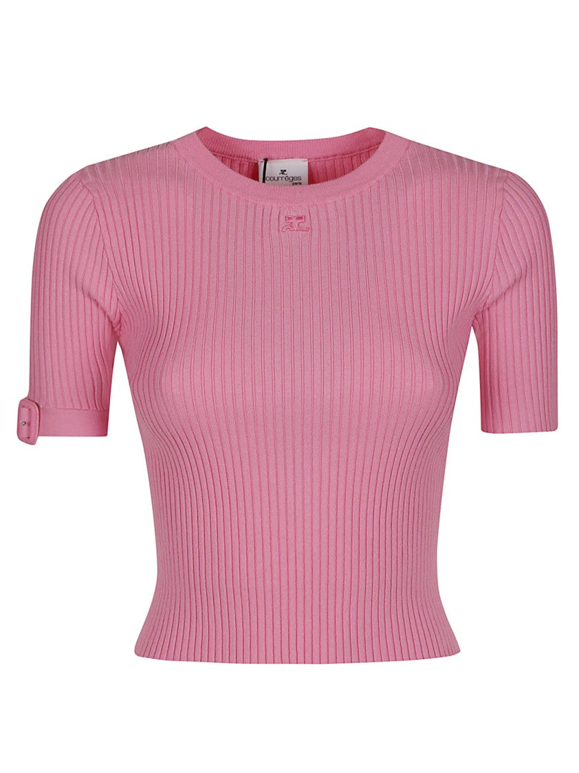 Courrèges Round Neck Ribbed Viscose-Blend Knit Top