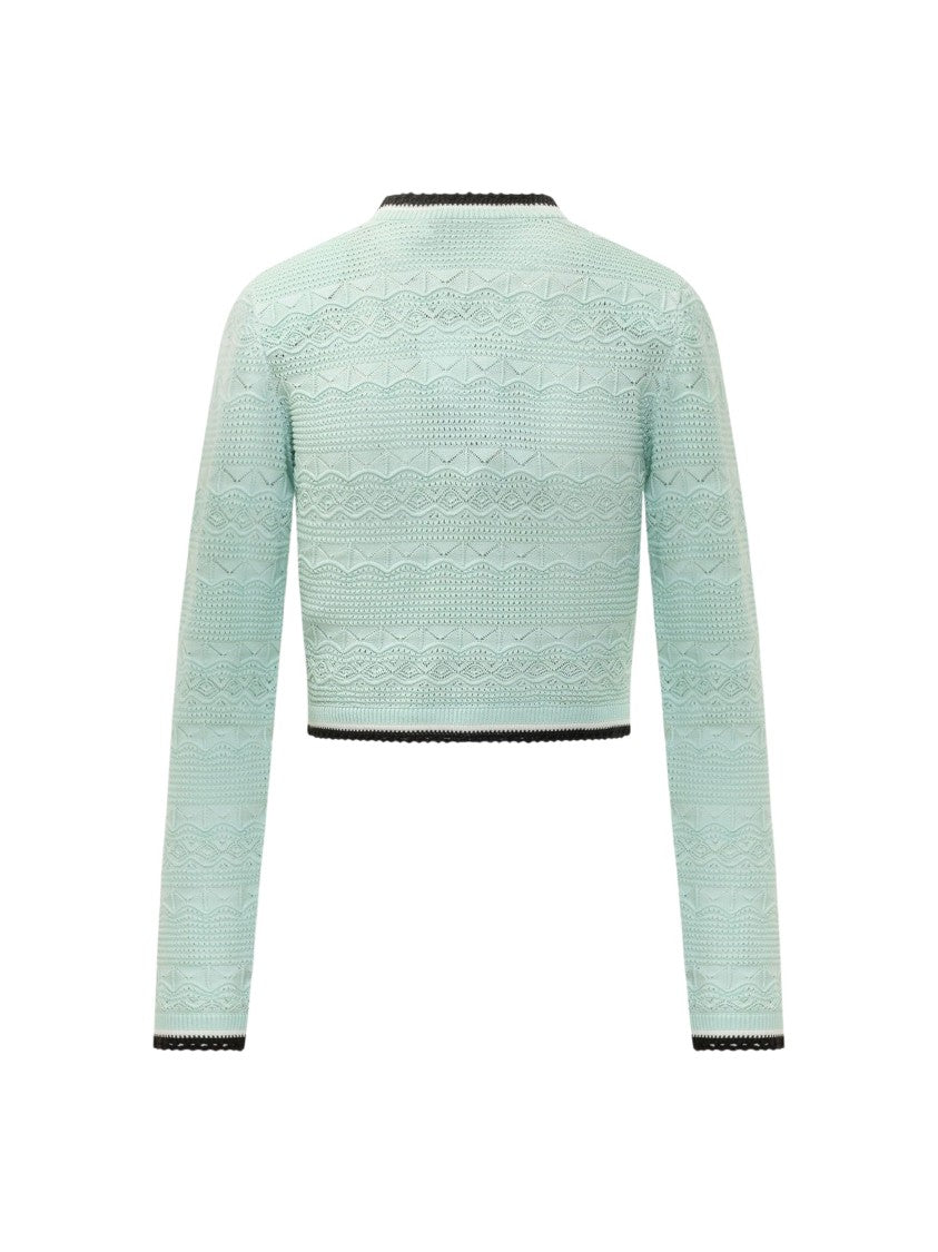 Self-Portrait Green Openwork Cropped Knit Cardigan