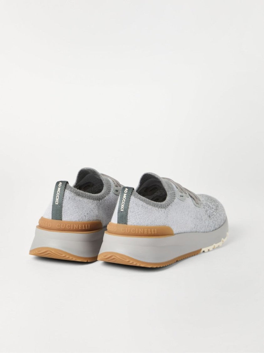 Brunello Cucinelli Knitted Grey Sneakers With Tan Heel Patch And Cream Outsole