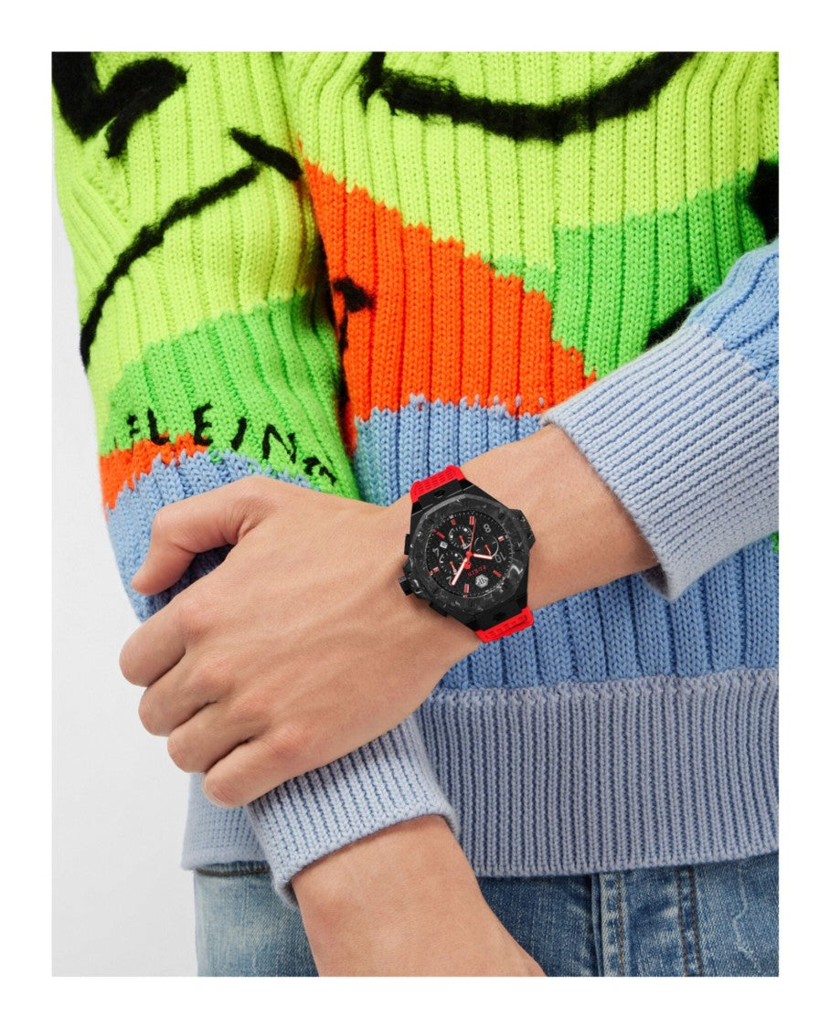 Philipp Plein Chronograph Black Ip Case Watch With Red Silicone Strap