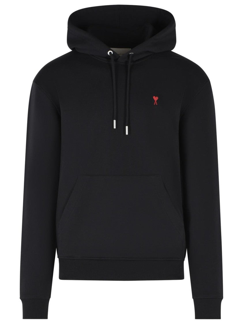 Ami Paris Black Cotton Hoodie With Drawstring And Pouch Pocket