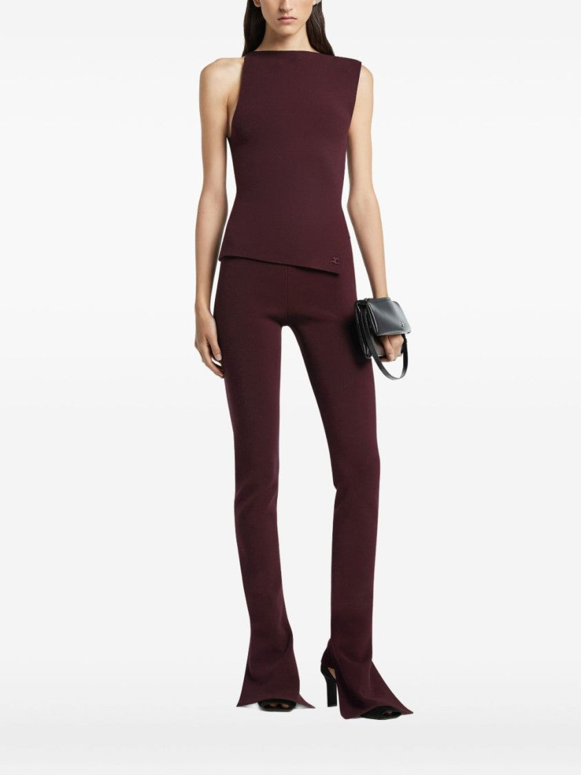 Courrèges Burgundy Asymmetric Neckline Embroidered Logo Top