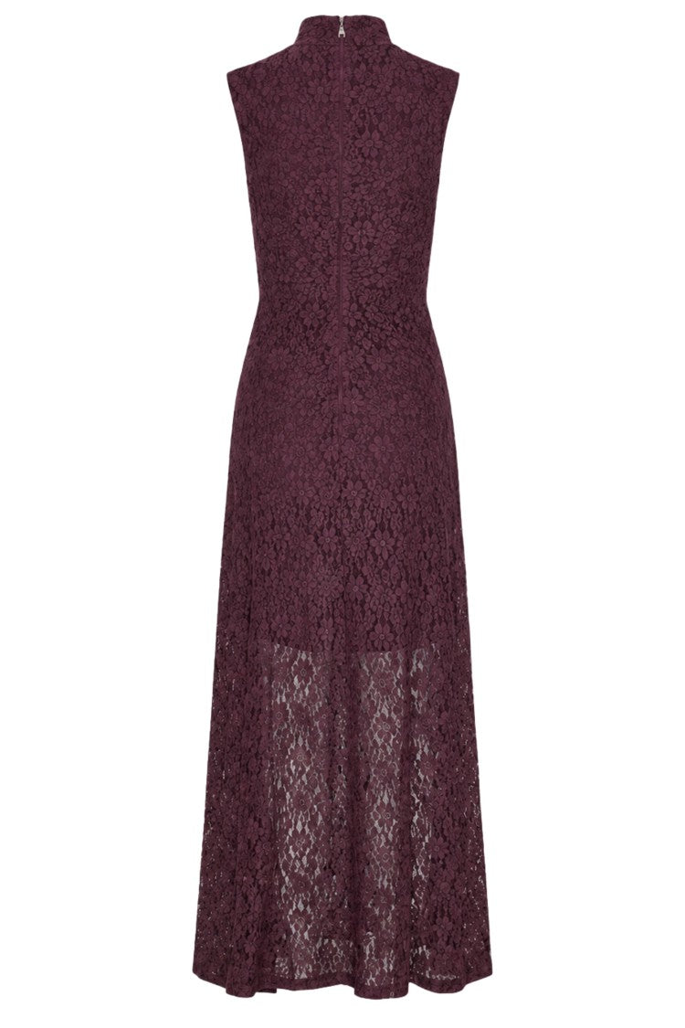 Rotate Wine High Neck Lace Maxi Flared Dress