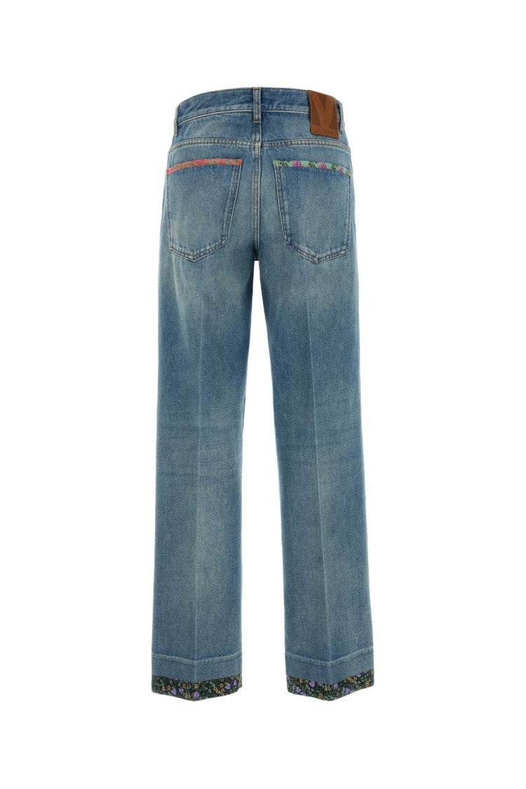 Valentino Garavani Straight-Leg Denim Jeans With Colorful Floral Trim