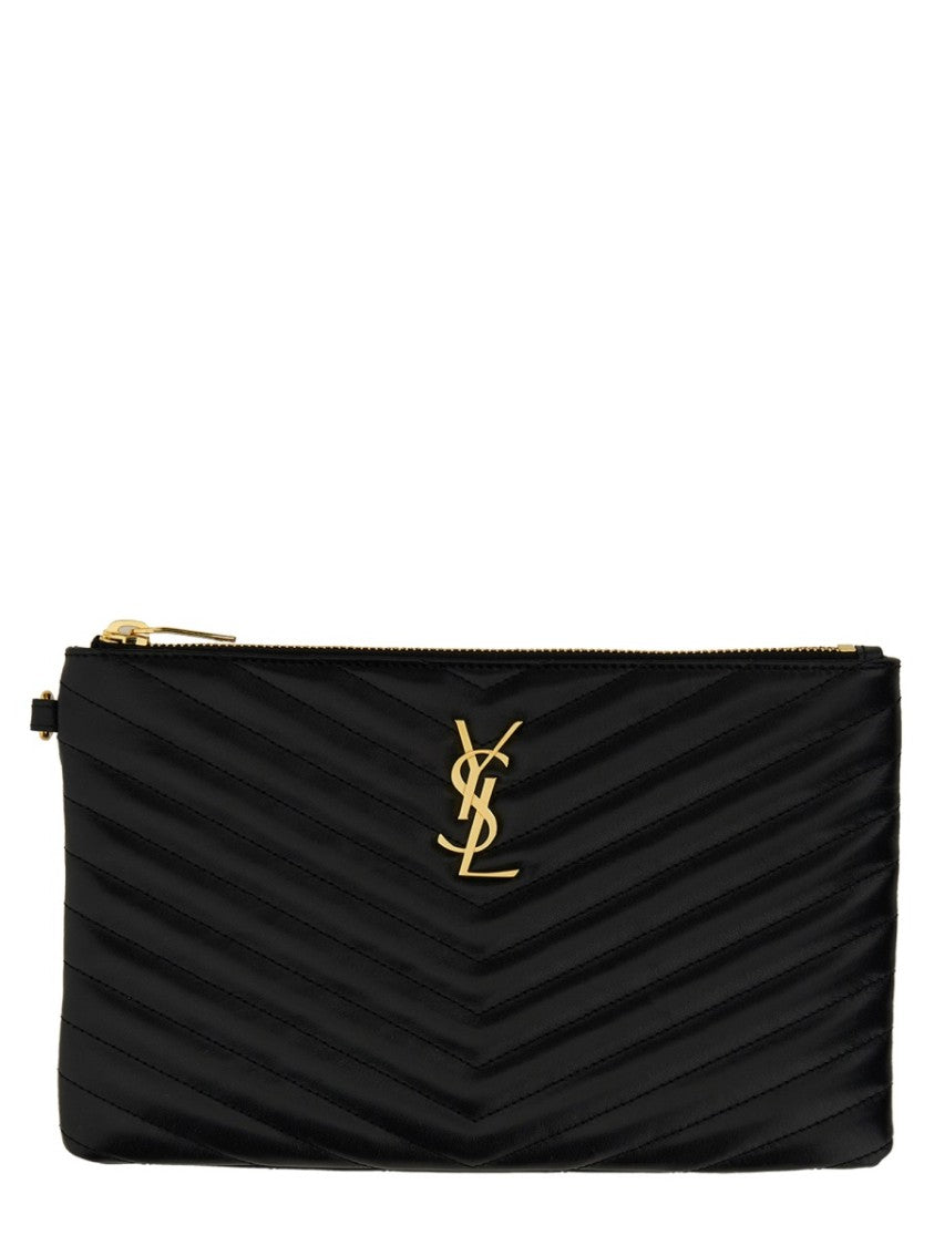 Saint Laurent Chevron Quilted Calf Leather Clutch With Gold Emblem