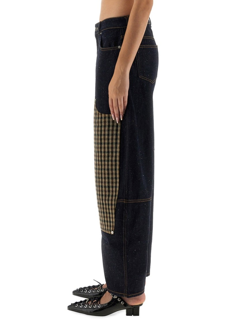 Ganni Wide-Leg Organic Cotton Pants With Checkered Patch Pockets