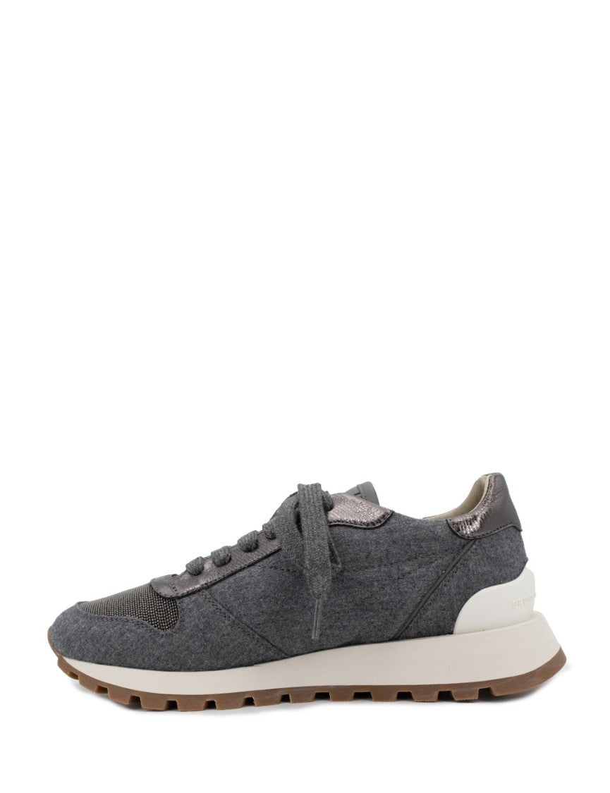 Brunello Cucinelli Wool Flannel Runners With Metallic Calfskin Accents