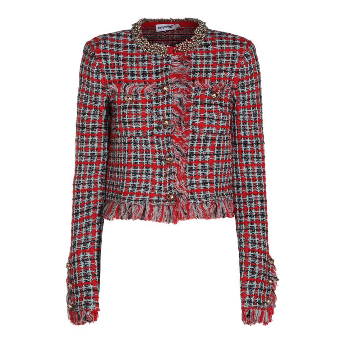 Self-Portrait Cropped Checkered Tweed Jacket