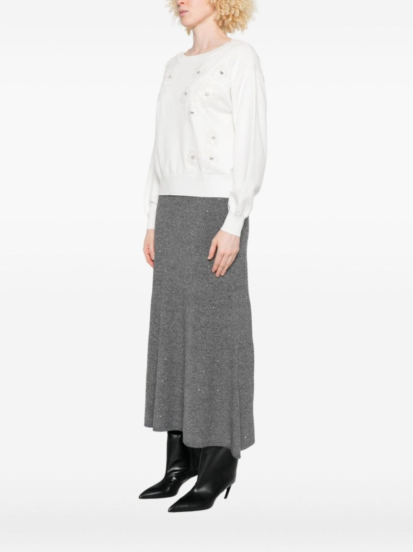 Liu Jo Relaxed Fit White Sweater With Floral Embellishments