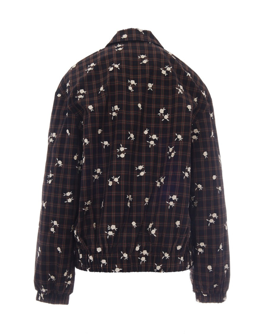 Ganni Check Flower Bomber Jacket With Elastic Cuffs
