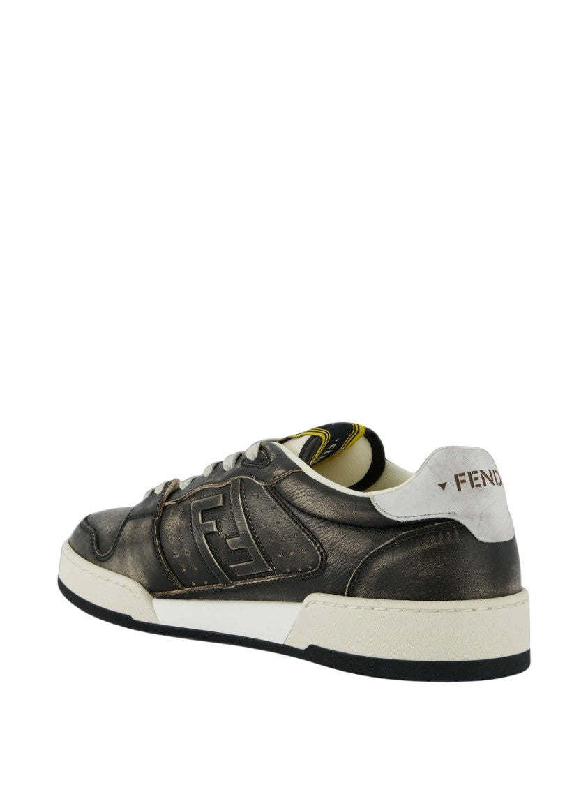 Fendi Distressed Black Leather Low-Top Sneakers With Ff Logo