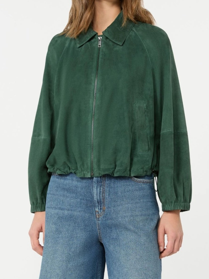 Weekend Cropped Deep Green Suede-Like Jacket With Classic Collar And Puff Sleeves