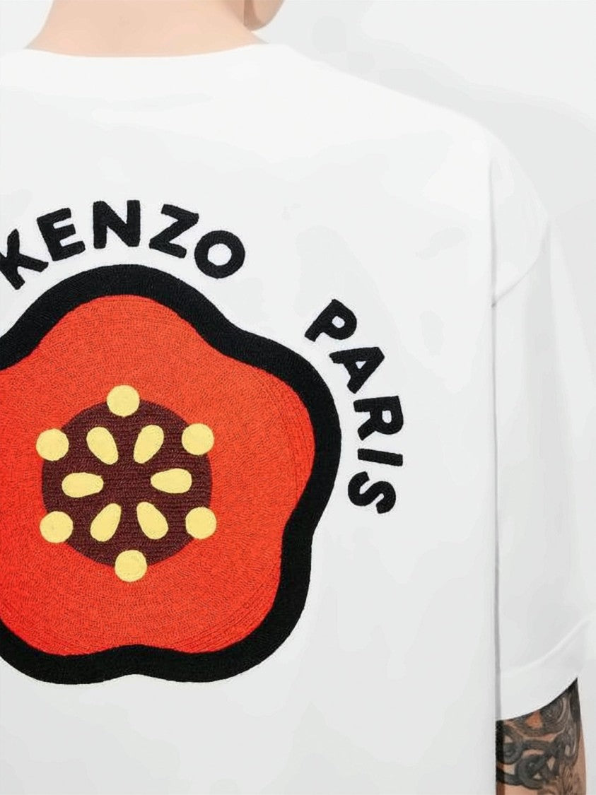 Kenzo Relaxed Fit White Cotton T-Shirt With Flower Embroidery
