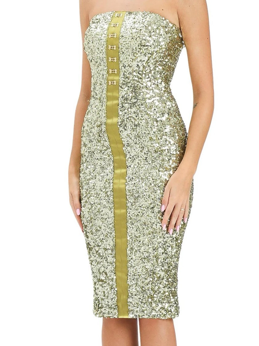Elisabetta Franchi Strapless Sequin Midi Dress With Satin-Like Panel