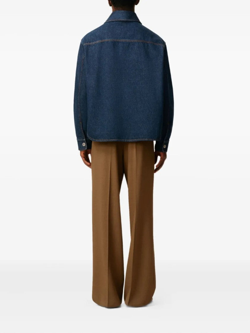 Ami Indigo Blue Cotton Jacket With Embroidered Logo And Topstitching Details