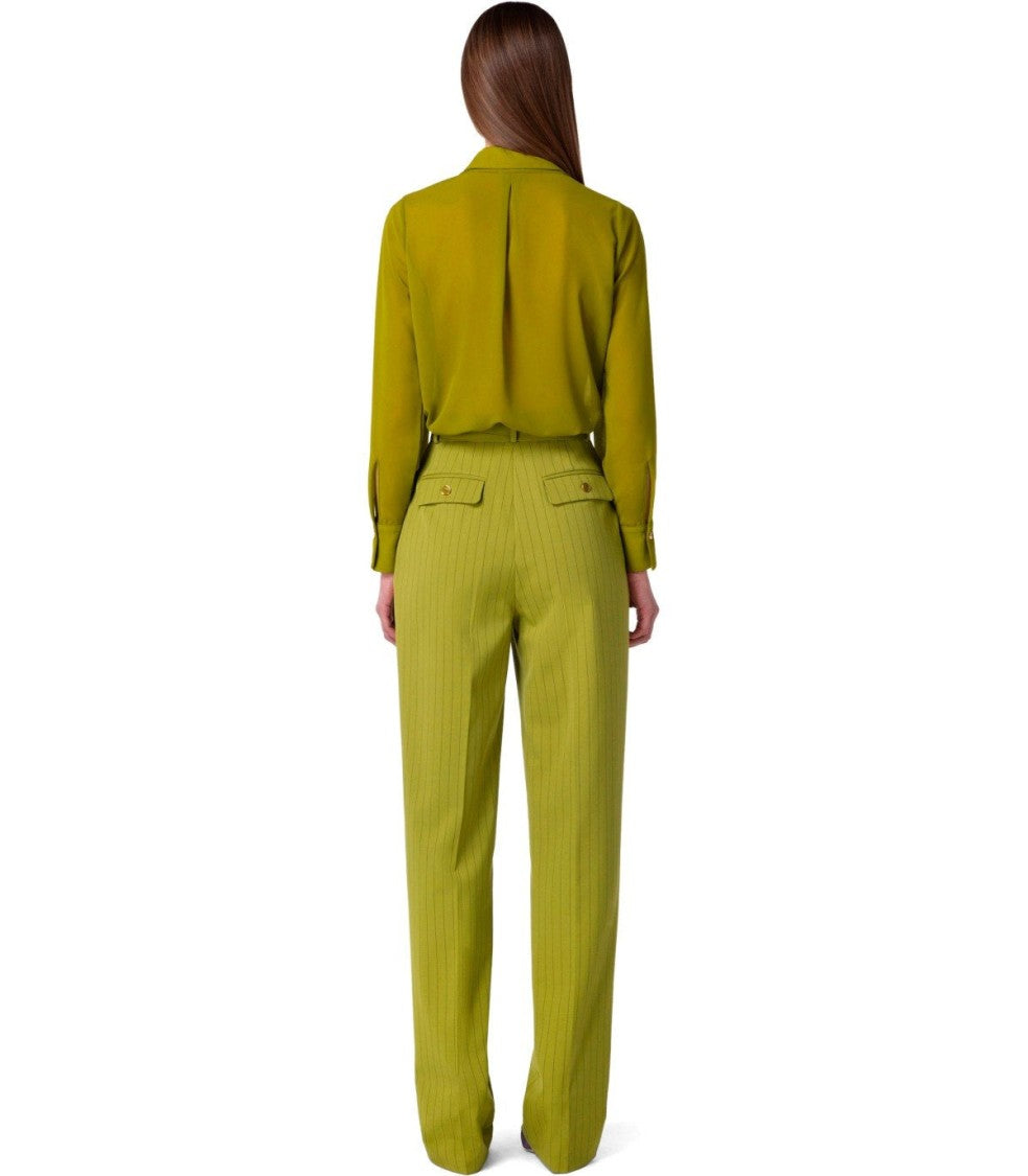 Elisabetta Franchi Olive Green Cool Wool Trousers With Pinstripe Detailing
