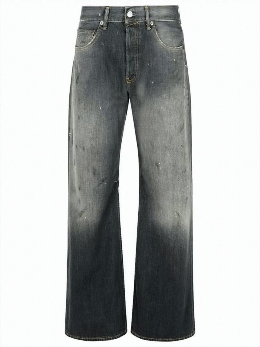 Acne Studios Faded Black Wide-Leg Denim Pants With Distressed Details
