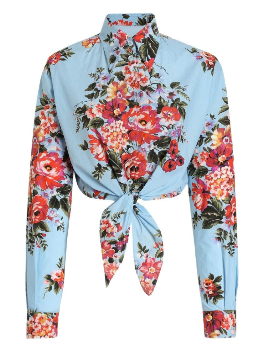Dolce & Gabbana Floral Print Light Blue Cropped Shirt With Tie Detail