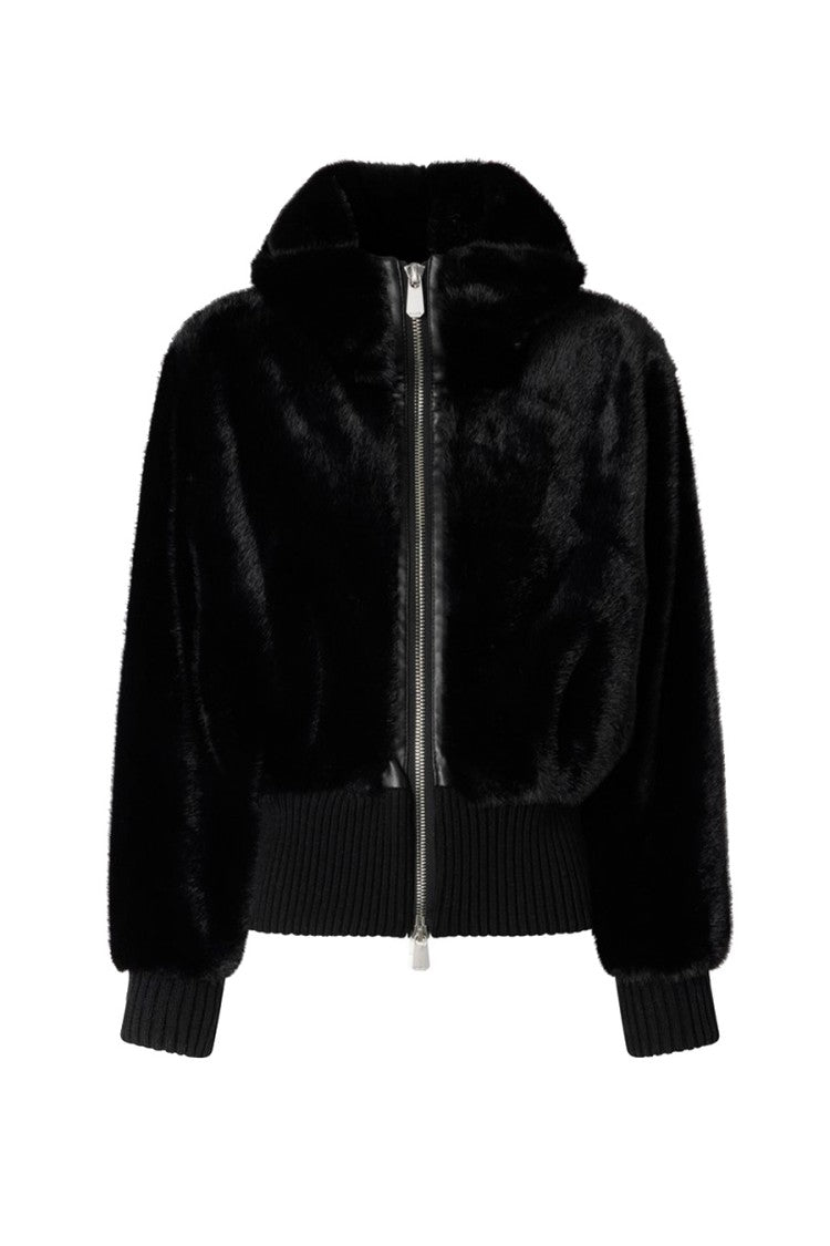 Pinko Black Polyester Faux Fur Hooded Bomber Jacket