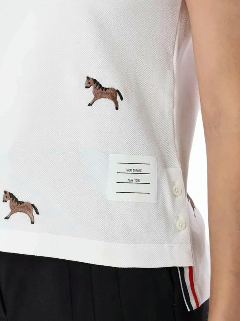 Thom Browne Embroidered Horse Motif Piqué Polo Shirt