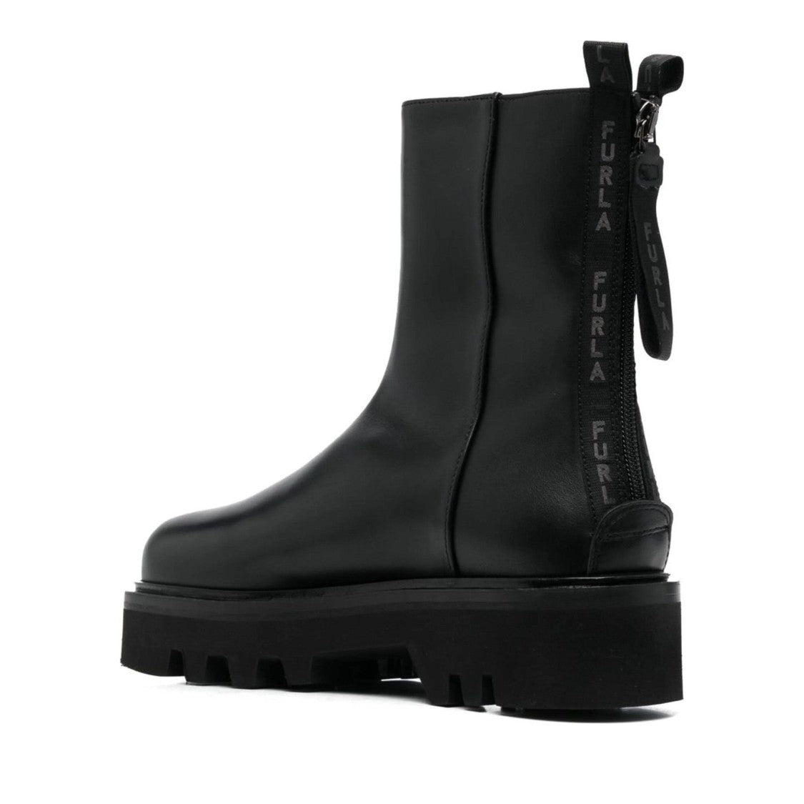 Furla Chunky Sole Black Leather Booties With Zipper Closure