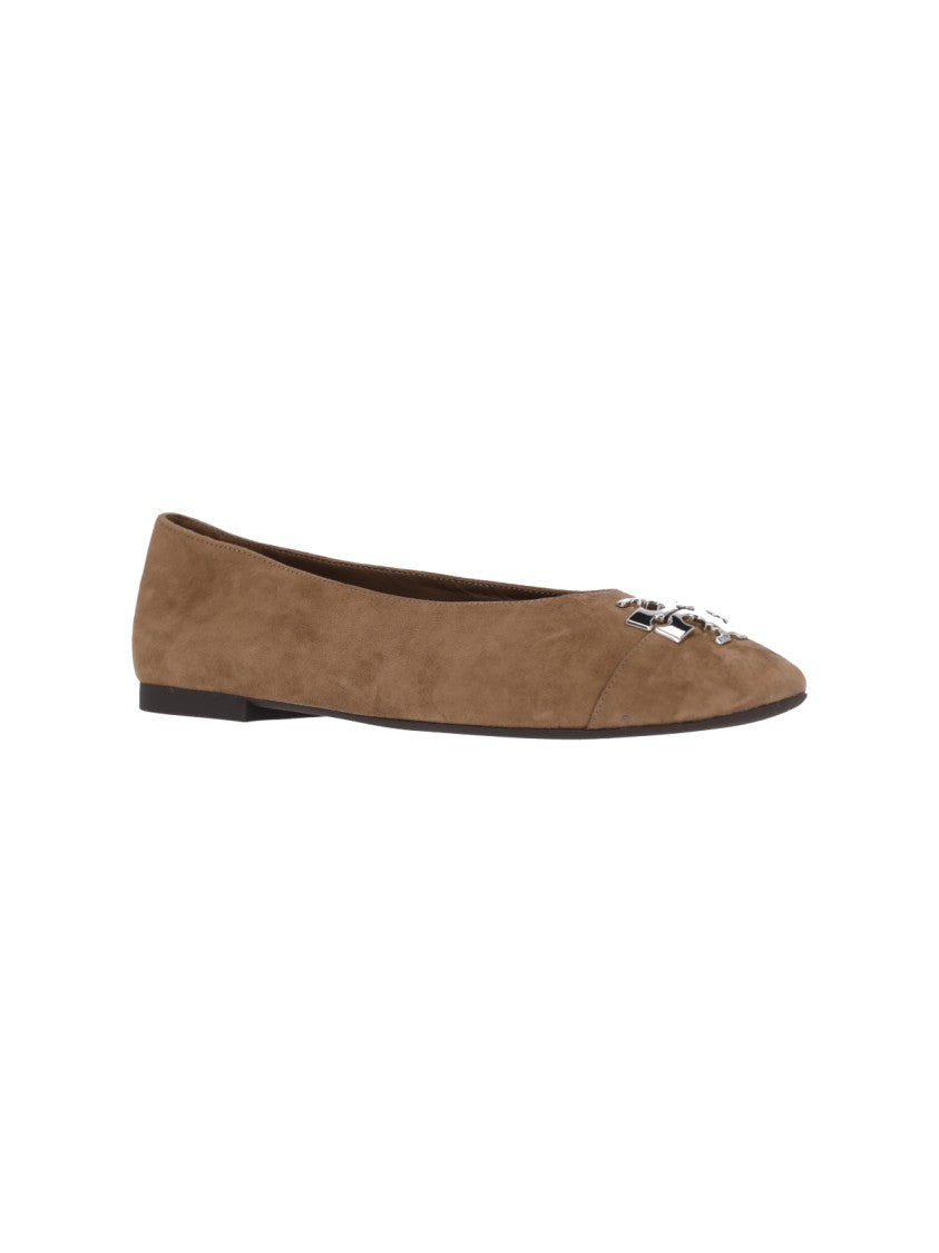 Tory Burch Pointed-Toe Metallic Logo Suede Flats