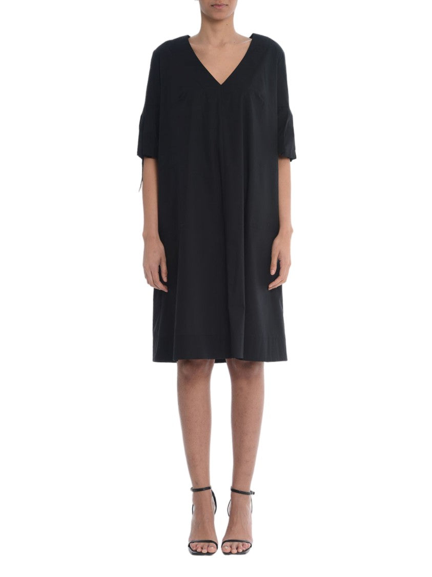 Fay Knee-Length Black V-Neck Gathered Dress