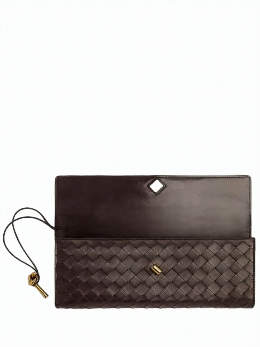 Bottega Veneta Rectangular Woven Lambskin Clutch With Gold-Tone Charm