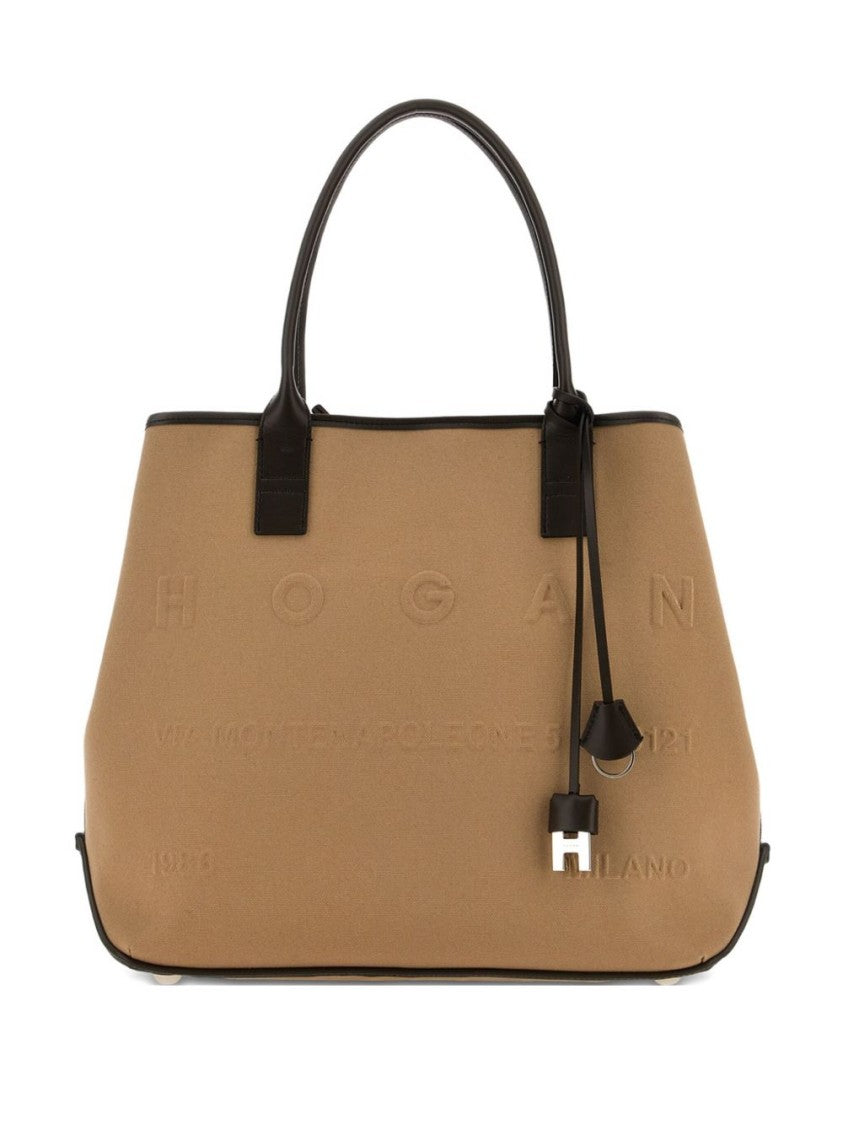 Hogan Shopper Bag In Beige Cotton-Calfskin Blend