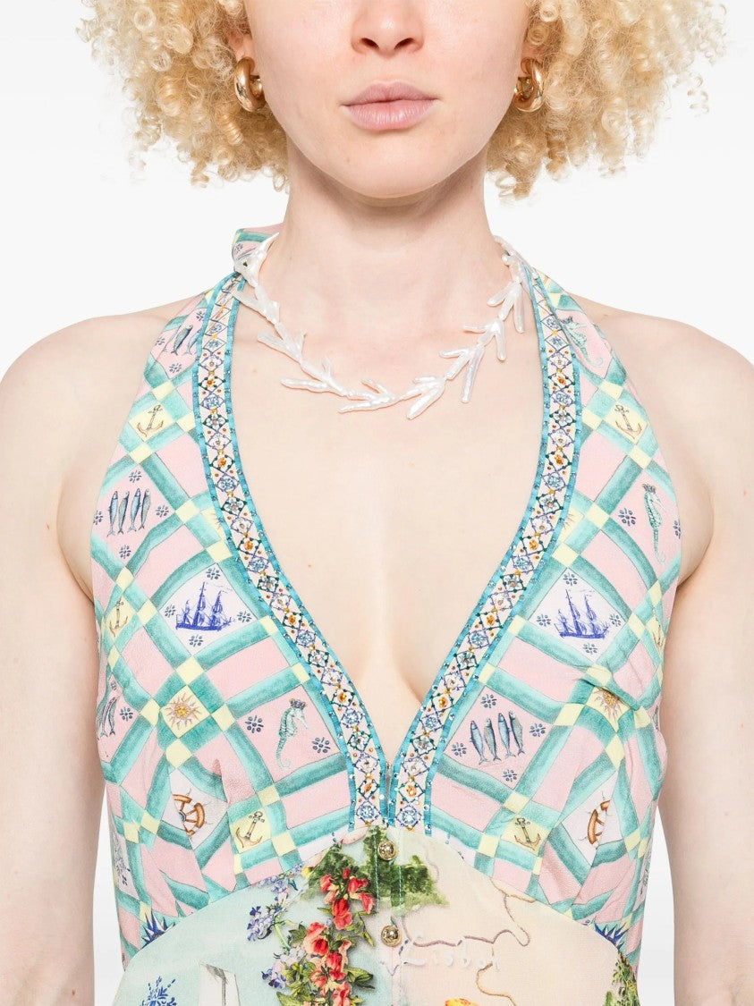 Camilla Graphic Print Silk Jumpsuit With Halterneck Tie And V-Neckline