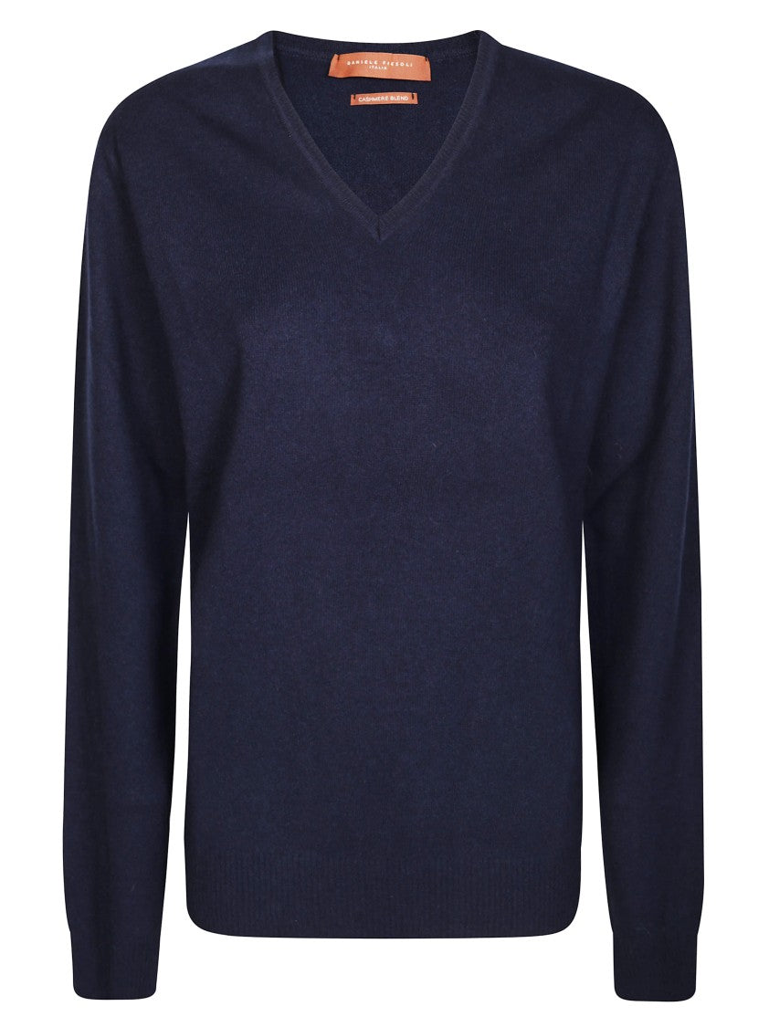 Daniele Fiesoli Deep Navy V-Neck Sweater With Ribbed Hem And Cuffs