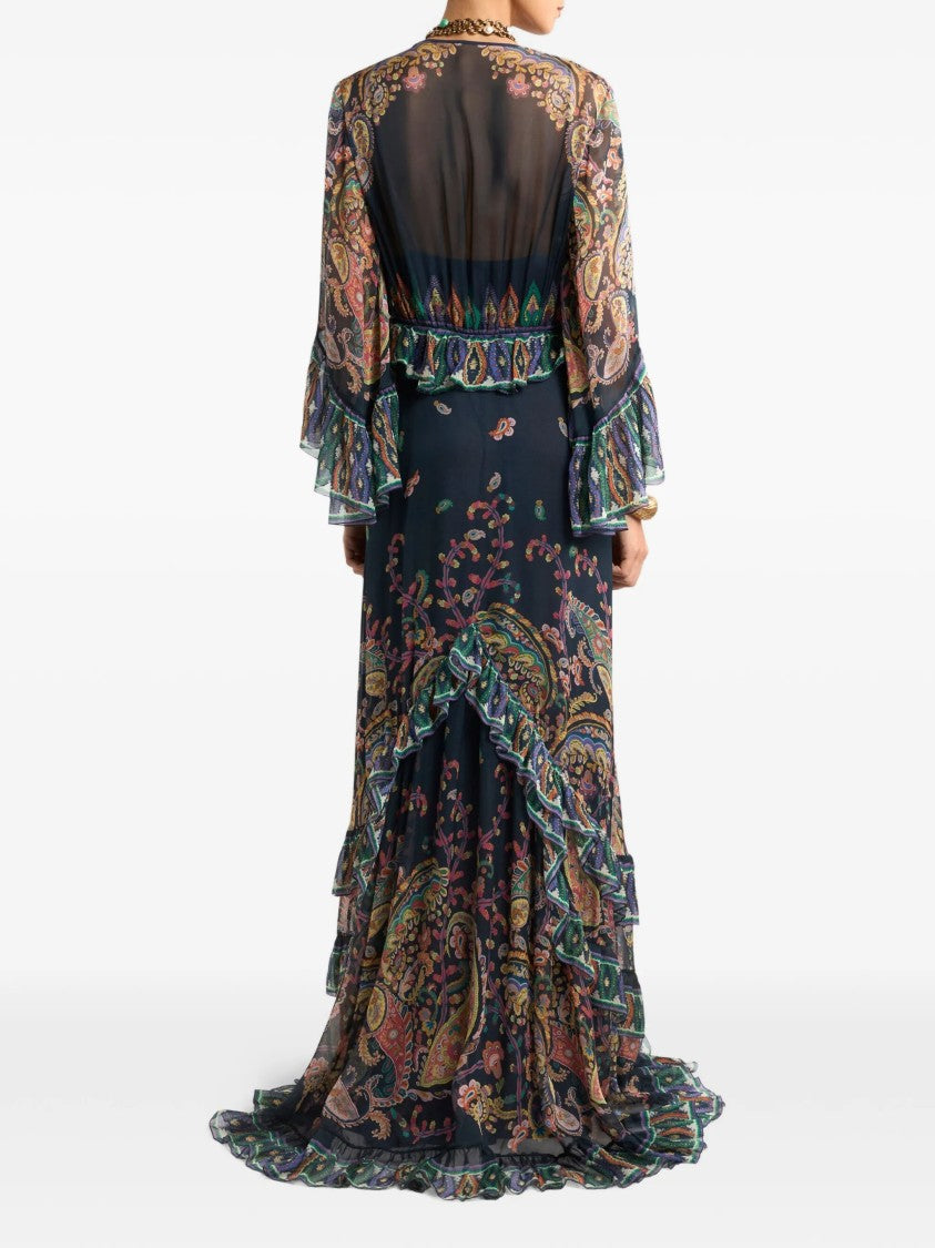 Etro Blue Maxi Flared Paisley Ruffled Dress